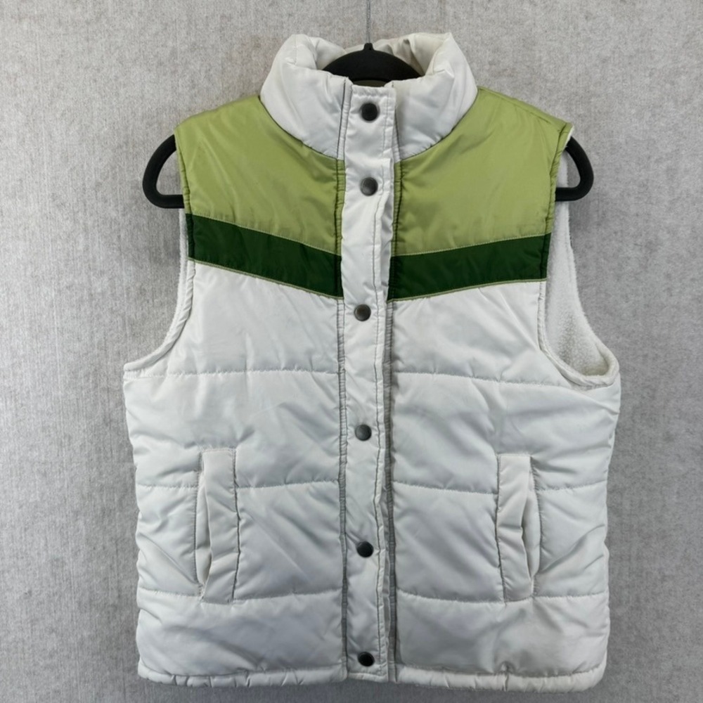 Womens Medium White Green Colorblock Retro Vtg Quilted Puffer Vest Fleece Lined